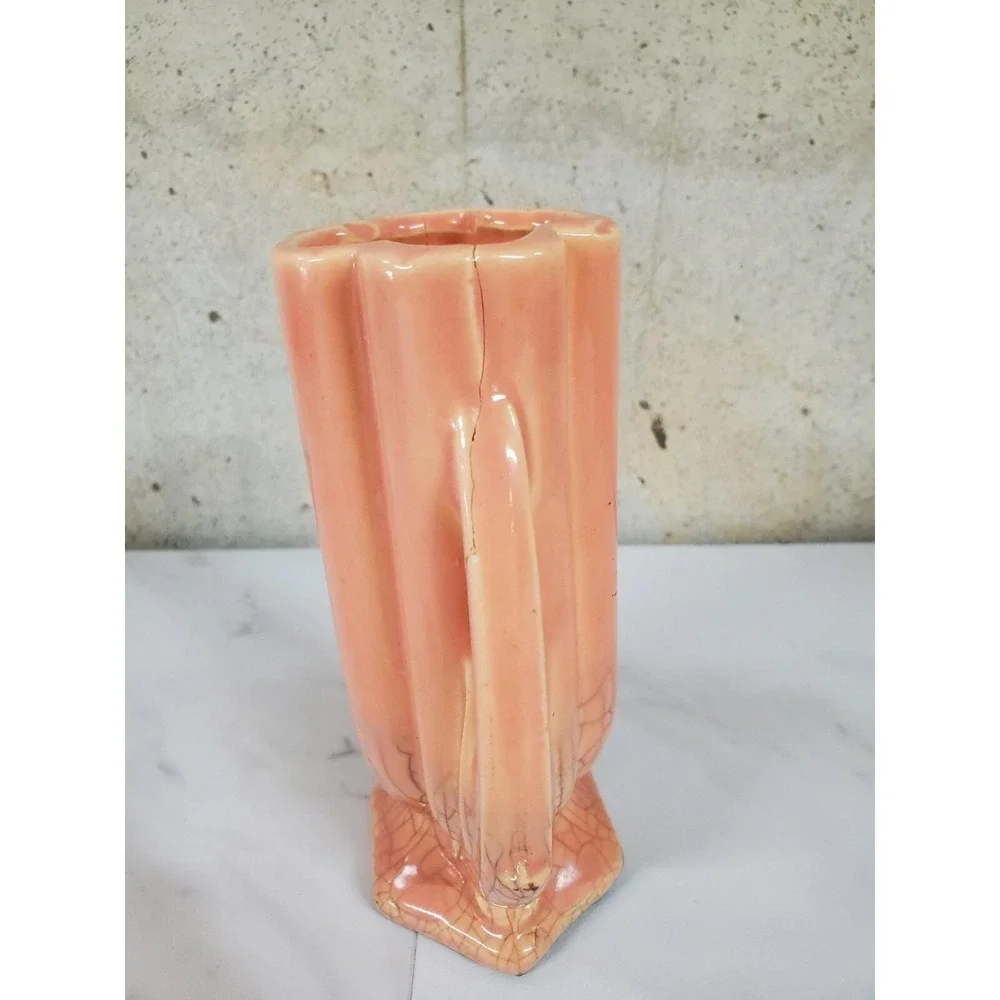 McCoy Pottery Vase, Shape 105, Coral Pink Crackle Crazing Art Deco Mcm Mid Centu